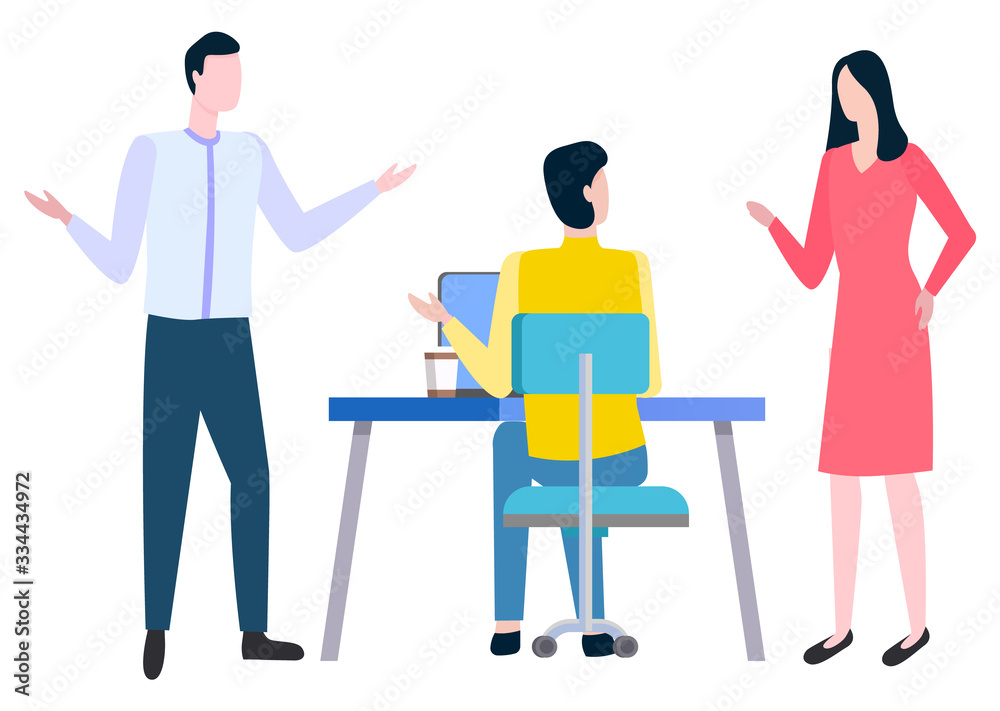 Teamwork or cooperation and business, men and woman vector. Office worker at desk with laptop and coffee cup, collaboration and consulting, colleagues Teamwork or cooperation and business, men and woman vector. Office worker at desk with laptop and coffee cup, collaboration and consulting, colleagues