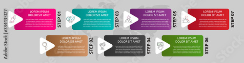 Vector template shape infographic. Business concept with 7 arrows and labels. Seven steps for content, flowchart, timeline, levels