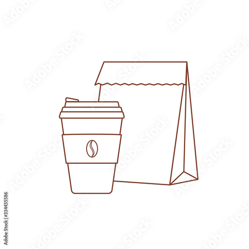 Vector illustration Icon sticker of takeout paper bag cup with hot coffee for food delivery through online order service. Trendy minimalist logo for cafes restaurants coffee shops