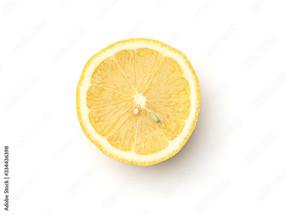 Top view of textured ripe slice of lemon isolated on white
