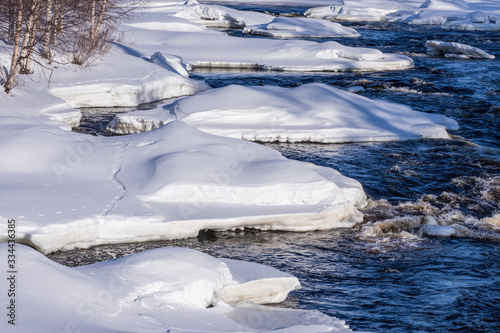 Winter landscape. River flows through ice and snow.