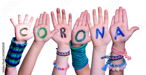 Children Hands Building Colorful English Word Corona. White Isolated Background