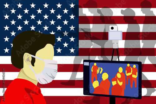 Illustration vector graphic of Health officials check people who come from China with a thermal scanner to scan the corona virus on USA flag background. stop virus outbreak concept. vector EPS10.