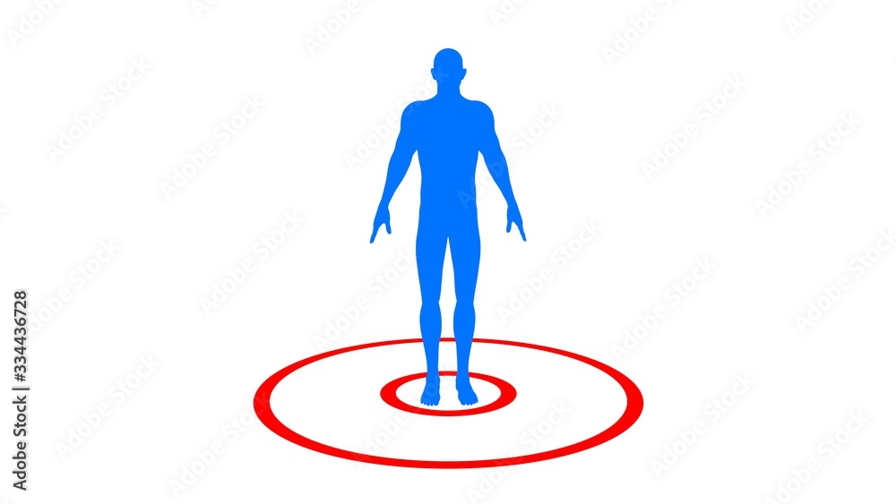 Man surrounded by circular barrier. Social distancing / Physical distancing theme. Red disk defines safety zone to avoid close contact. 3d rendering illustration Man surrounded by circular barrier. Social distancing / Physical distancing theme. Red disk defines safety zone to avoid close contact. 3d rendering illustration