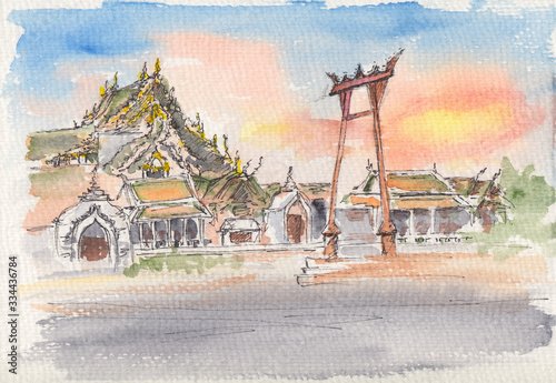 Photography Watercolor & liner painting of famous temple Wat Suthat in Bangkok, Thailand