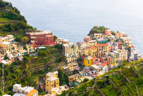 Detail of the curious little town of Manarola, one of the five lands in Liguria, Italy. A small pretty village full of colorfull houses