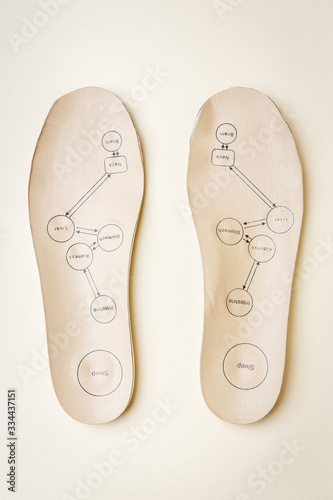 Pair of orthopedic insoles with names of human organs written on it on a beige background.