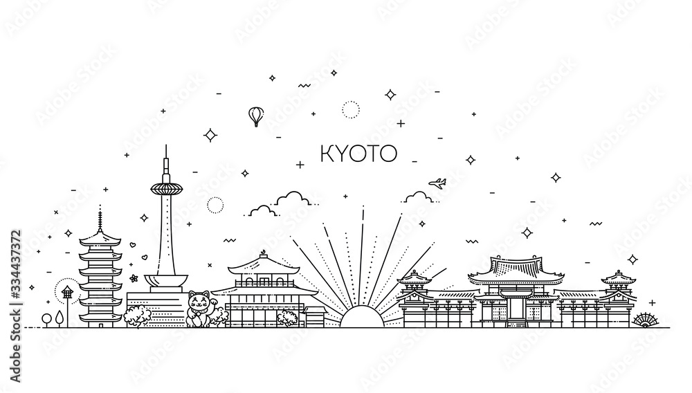 Naklejka premium Set of flat icons of Kyoto landmarks and culture features vector illustration