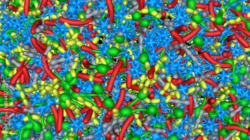 Microbiome swarm of colorful  microscopic life  virus  algae  cells  bacteria . 3d rendering illustration