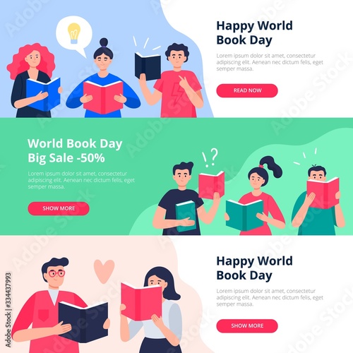 World book day banner set. Vector flat illustrations with young happy men and women. People reading books. World book day concepts.