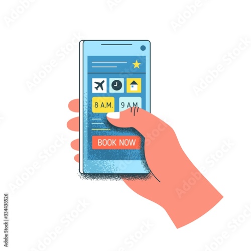 Cartoon human hand hold smartphone with button book now on screen isolated on white