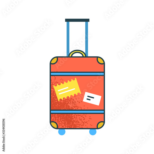Cartoon large orange suitcase with handle vector flat illustration