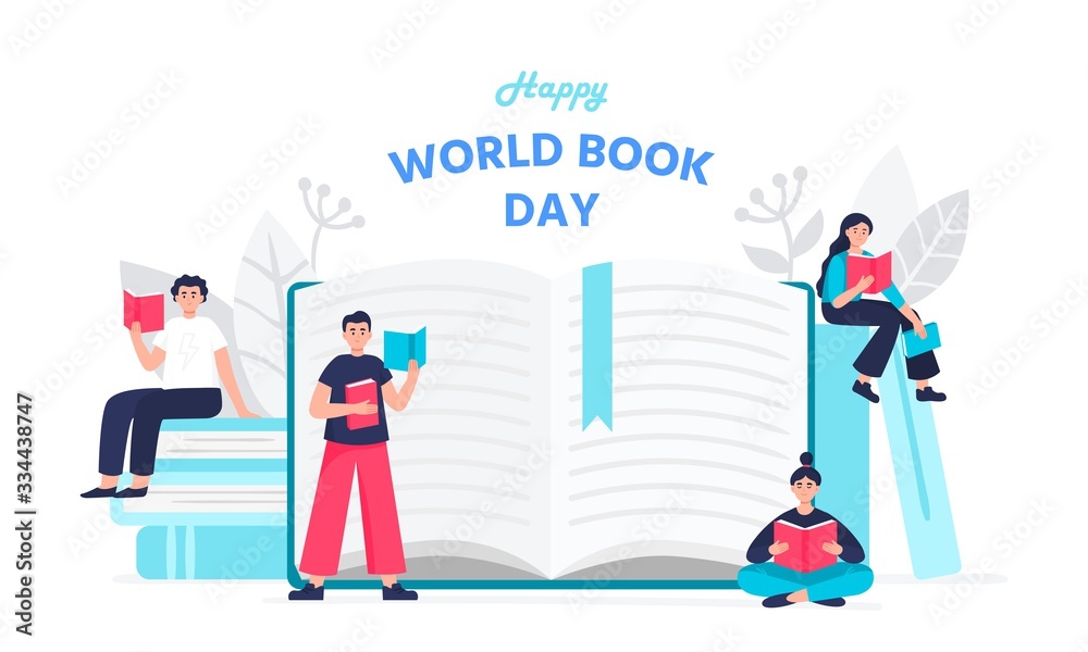 Illustration of a happy world book day concept. Modern young people read books. Men and women sitting on a book stack near the open book. Vector flat illustration. Illustration of a happy world book day concept. Modern young people read books. Men and women sitting on a book stack near the open book. Vector flat illustration.