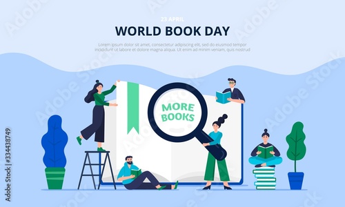 Illustration of a world book day concept. Modern young people read books. Men and women celebrate a book day. Girl with loupe and slogan to read more books. Vector flat illustration.
