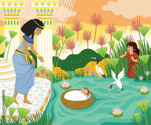 Leinwand Poster Passover biblical story of baby Moses in the basket floating on the Nile towards Pharaohs daughter with his sister Miriam watching behind the papyrus