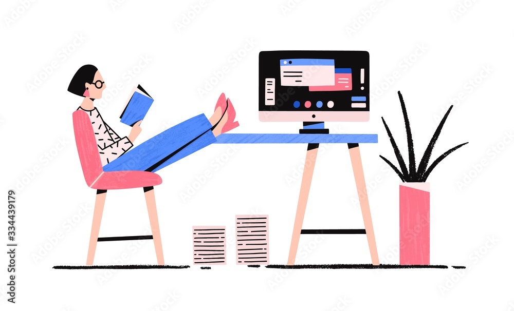 Cartoon relaxed woman reading book enjoying break vector flat ...