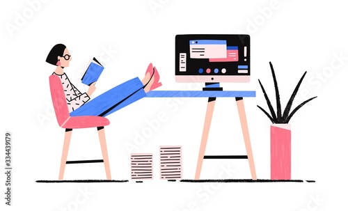 Cartoon relaxed woman reading book enjoying break vector flat illustration. Colorful female putting legs on desk with computer having procrastination isolated on white background. Lazy girl at office photo