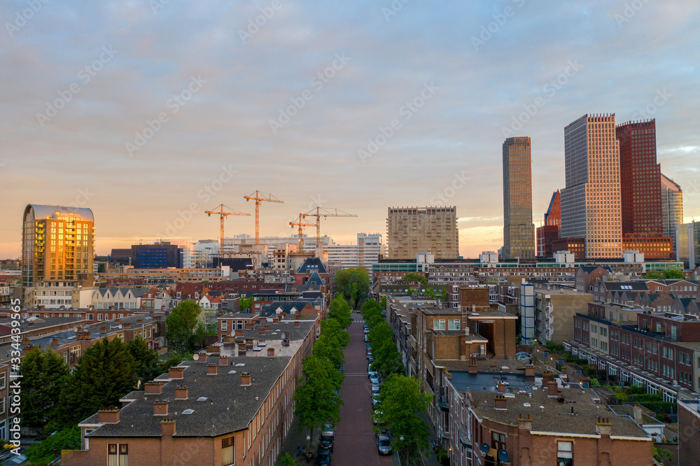Fototapeta premium Aerial drone photo of The Hague at Sunrise with its beautiful Skyline