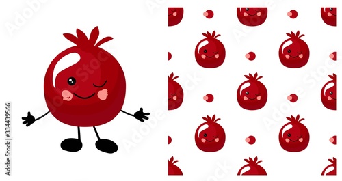 pomegranate character. Cute cartoon fruit. Vector illustration isolated on a white background. Fruits seamless pattern.