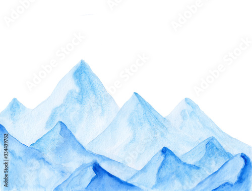 Watercolor bright and calm landscape of vibrant blue mountains peaks. Peaceful tranquil hand drawn nature background for relaxation, meditation and restoration. Paper arts hand drawn sketch. 