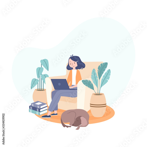 girl working from home. freelance remote work.