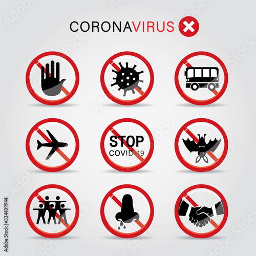 Coronavirus 2019 Prevention Icon Vector set for infographic or website. Covid-19 Symbol Button Vector. Wuhan Virus Disease.