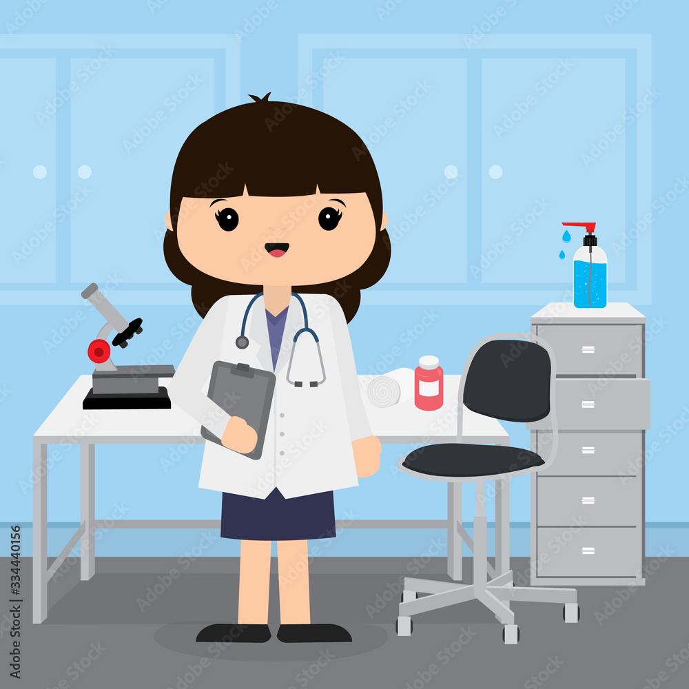 Doctor young woman working in the room at hospital. Medical concept in vector illustration cartoon character design. Doctor young woman working in the room at hospital. Medical concept in vector illustration cartoon character design.