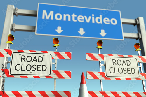 Roadblocks near Montevideo city road sign. Lockdown in Uruguay conceptual 3D rendering © Alexey Novikov