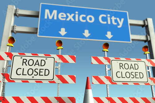 Barriers at Mexico City traffic sign. Coronavirus disease quarantine or lockdown in Mexico conceptual 3D rendering © Alexey Novikov
