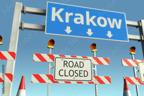 Barriers at Krakow city traffic sign. Quarantine or lockdown in Poland conceptual 3D rendering © Alexey Novikov