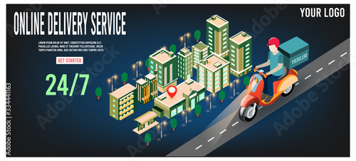 Online delivery service concept with delivery man ride scooter delivering parcel box.  vector illustration.