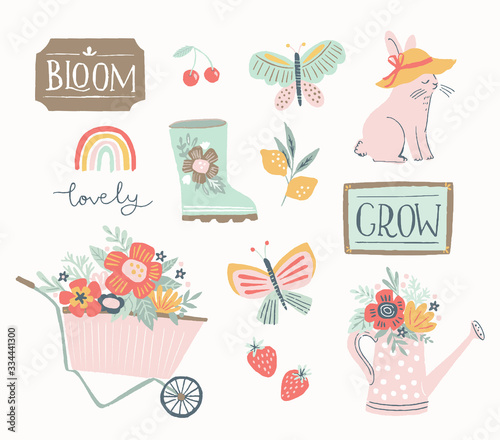 Spring and summer gardening set, hand drawn elements- calligraphy, flowers, wheelbarrow, watering can and other. Perfect for web, card, poster, cover, tag, invitation, stickers. Vector illustration.