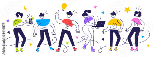 Vector bright creative illustration of crowd of geometric happy people on white background. Communication of group of business man and woman character.