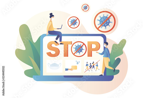 COVID-19 prevention. Coronavirus concept. Stop coronavirus (2019-nCoV). Tiny people in white medical face mask. Modern flat cartoon style. Vector illustration on white background