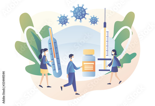 COVID-19 prevention. Coronavirus concept. Stop novel coronavirus (2019-nCoV). Tiny people with big white medical face mask. Modern flat cartoon style. Vector illustration on white background