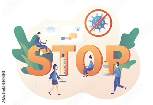COVID-19 prevention. Coronavirus concept. Stop novel coronavirus (2019-nCoV). Tiny people in white medical face mask. Modern flat cartoon style. Vector illustration on white background