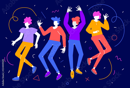 Vector illustration of group of young happy dancing man and woman on dark background. Bright color crowd of enjoying communication people.