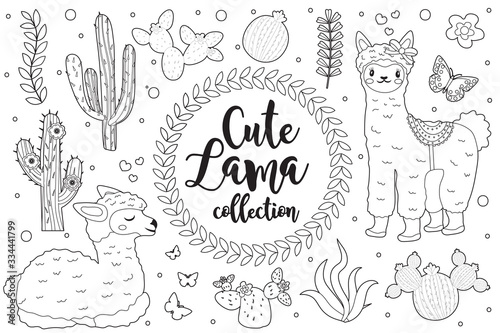Cute little llama set Coloring book page for kids. Collection of design element sketch outline style. Kids baby clip art funny smiling kit. Vector illustration