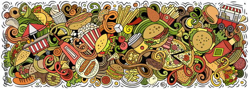 Fastfood hand drawn cartoon doodles illustration. Colorful vector banner