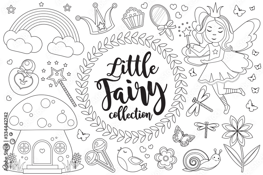 Cute little fairy set Coloring book page for kids. Collection of design ...