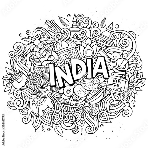 India hand drawn cartoon doodles illustration. Funny design.