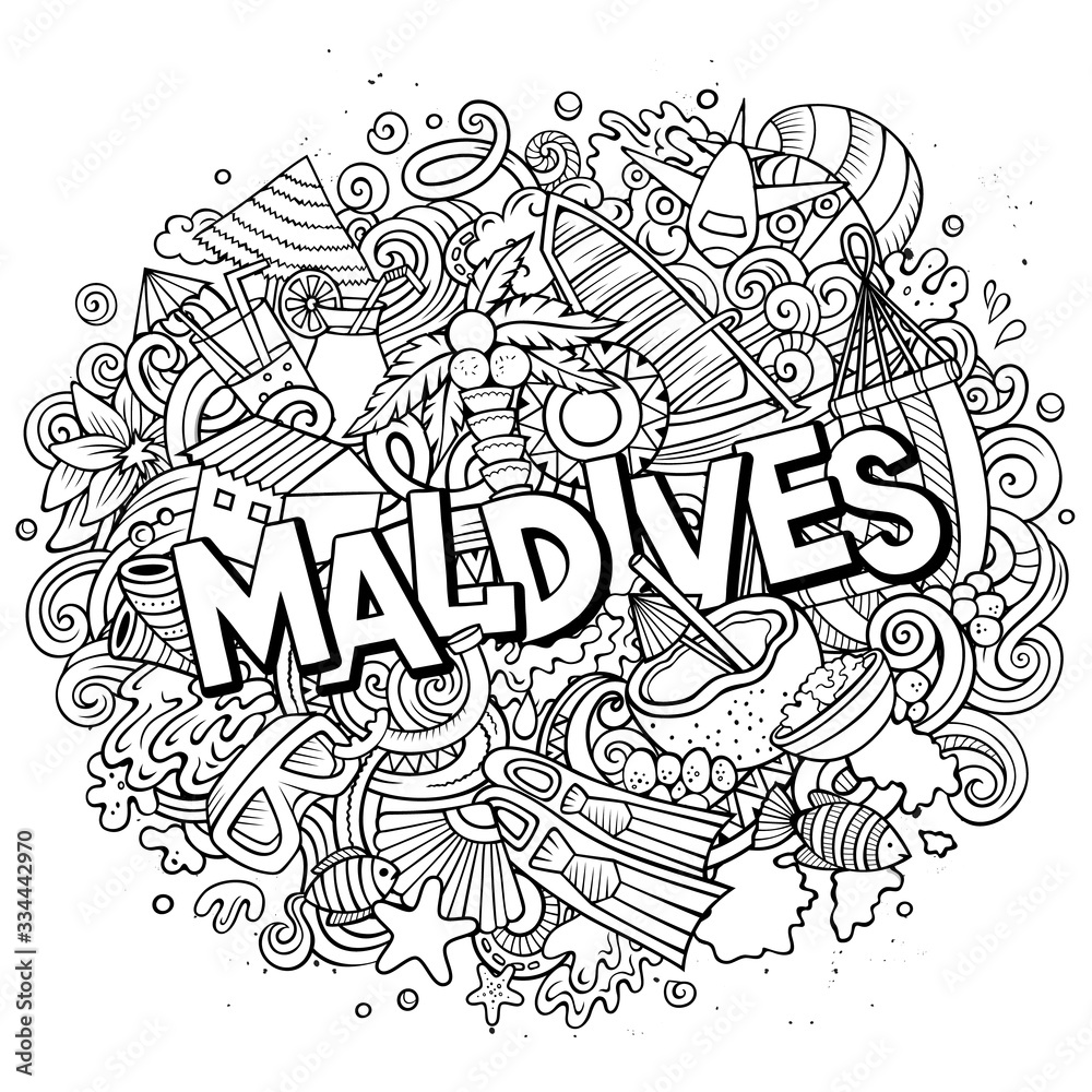 Maldives hand drawn cartoon doodles illustration. Funny travel design.