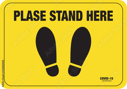 COVID-19 Coronavirus message asking supermarket customer to stand in space. Top view with text in public space practicing social distancing. Blackboard sign or symbol
