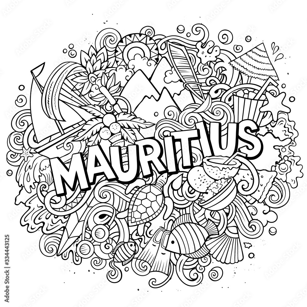Mauritus hand drawn cartoon doodles illustration. Funny travel design.