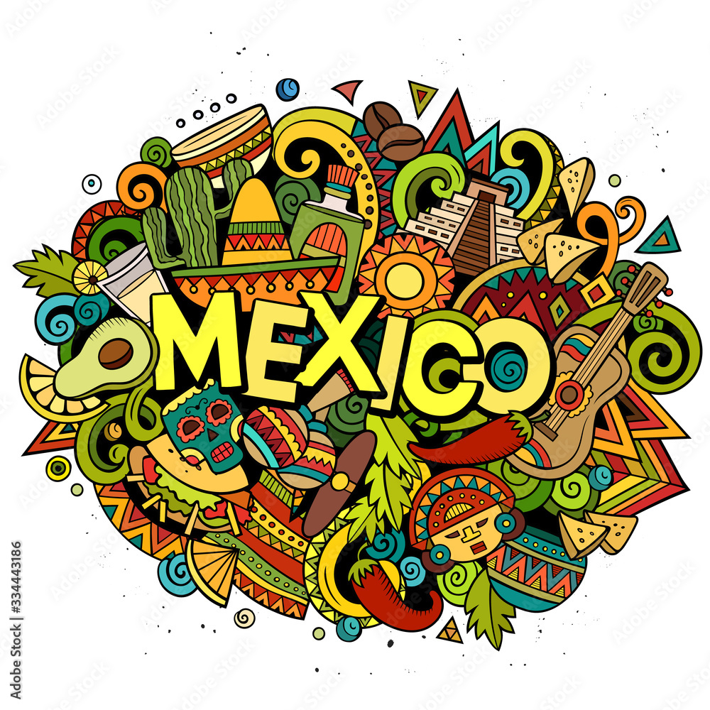 Mexico hand drawn cartoon doodles illustration. Funny design.