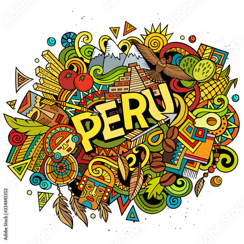 Peru hand drawn cartoon doodles illustration. Funny design. photo