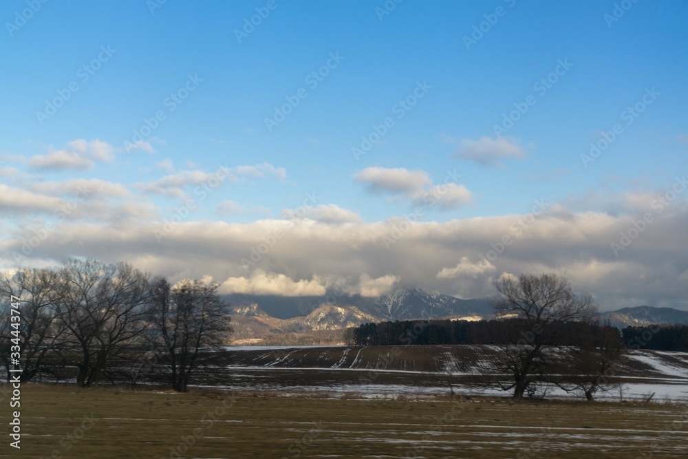 Sunrise or sunset over the hills and meadow. Slovakia