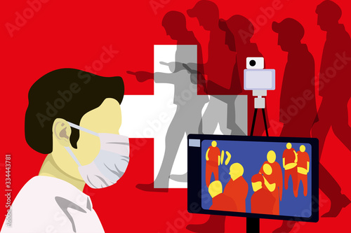 Illustration vector graphic of Health officials check people who come from China with a thermal scanner to scan the corona virus on Switzerland Flag background. Stop virus outbreak concept. covid-19.