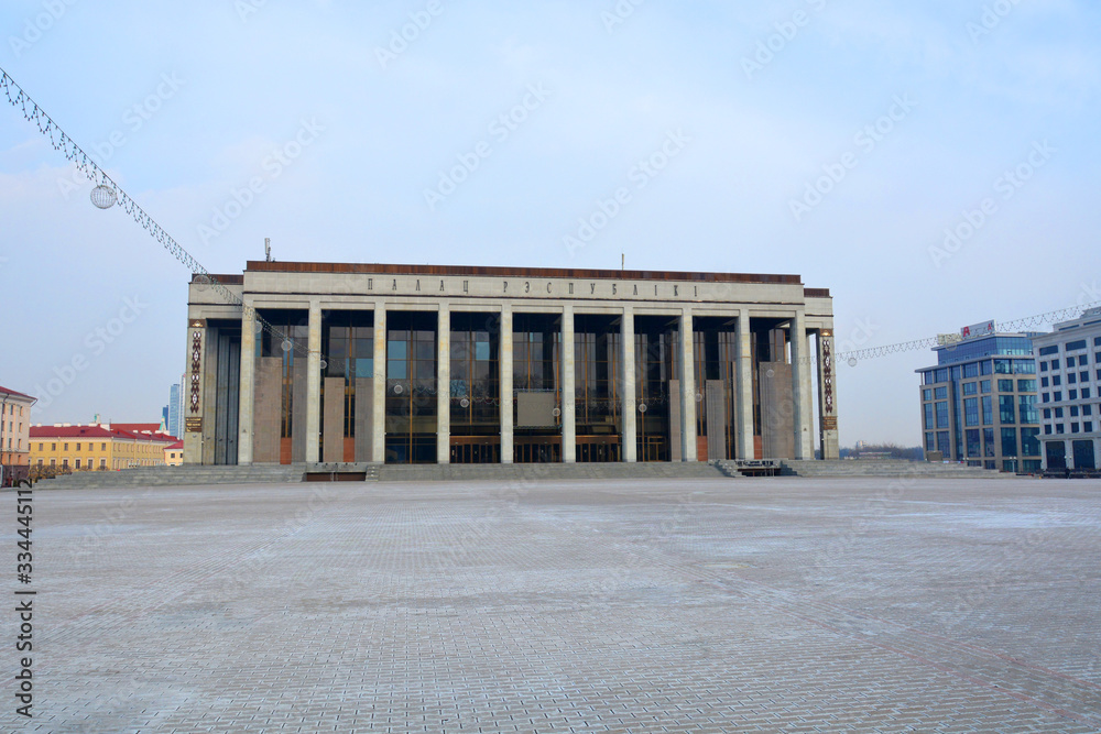 Minsk, Belarus - 29/03/2020:  October Square  and The Palace of the Republic . It is a Belarusian cultural and business center 