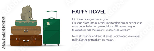 Banner with retro colored suitcases and trolley suitcase and backpack , luggage bags for traveling, travel and tourism concept , vector illustration